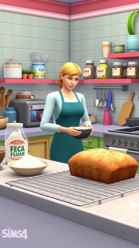Sims 4 Flour Mod Guide A Sim baking in The Sims 4 kitchen with flour and other ingredients.